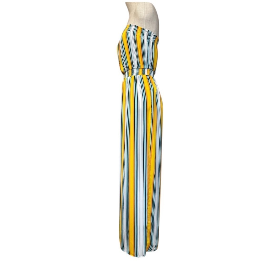 Forever 21 Medium Strapless Yellow Blue White Stripe Jumpsuit Casual - Picture 4 of 9